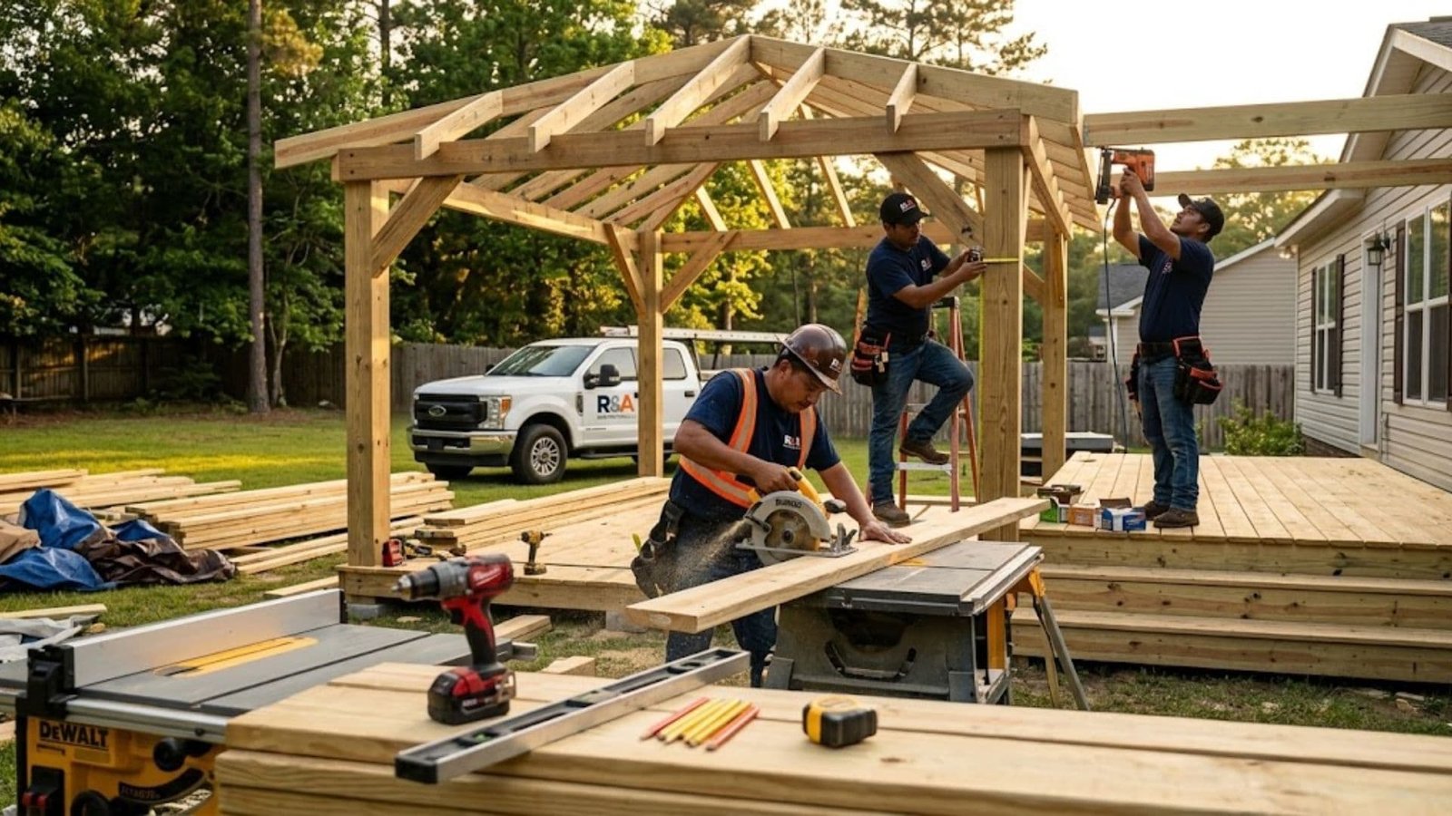 Carlos Ponce and the R&A Constructions team working on outdoor structures